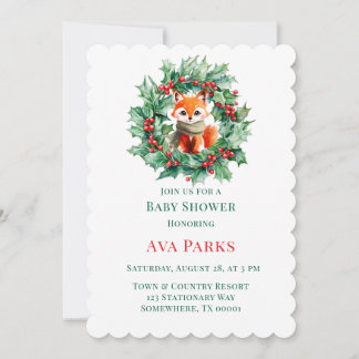 Winter Red Fox Green Berries Baby Shower Christmas Invitation