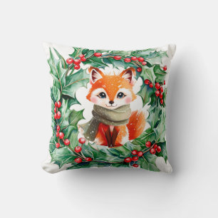Winter Red Fox Green Berries Baby Shower Gift Cushion
