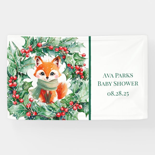 Winter Red Fox Green Berries Baby Shower Welcome Banner (Horizontal)