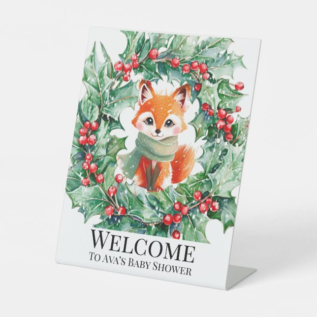 Winter Red Fox Green Berries Baby Shower Welcome Pedestal Sign (Front)