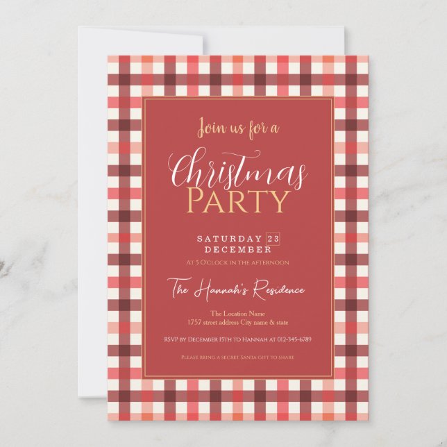 Winter Red Gingham Plaid Chequered Pattern Invitation (Front)