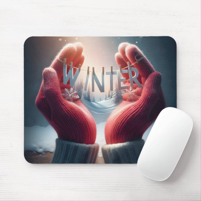 Winter Red Gloves With Snowflakes Mouse Mat (With Mouse)