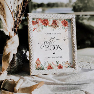 Winter Red Greenery Pinecone Guest Book Sign