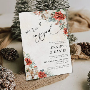Winter Red Greenery Pinecone We are engaged Invitation