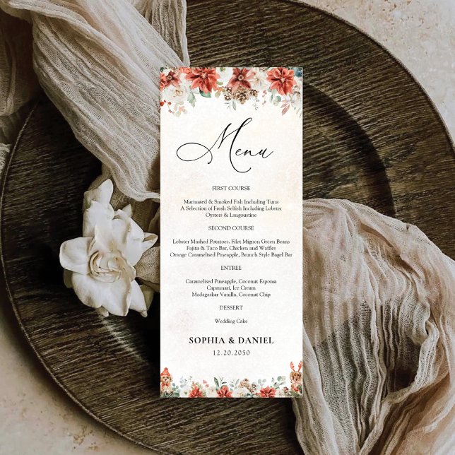 Winter Red Greenery Pinecone Wedding Menu (Creator Uploaded)