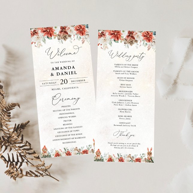 Winter Red Greenery Pinecone Wedding Program Programme (Creator Uploaded)