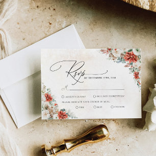Winter Red Greenery Pinecone Wedding RSVP Card