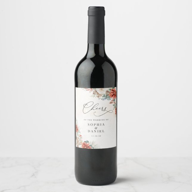 Winter Red Greenery Pinecone Wine Bottle Label (Front)