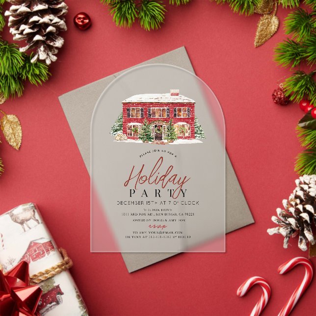 Winter Red House Christmas Holiday Party Acrylic Invitations (Insitu (Holiday))