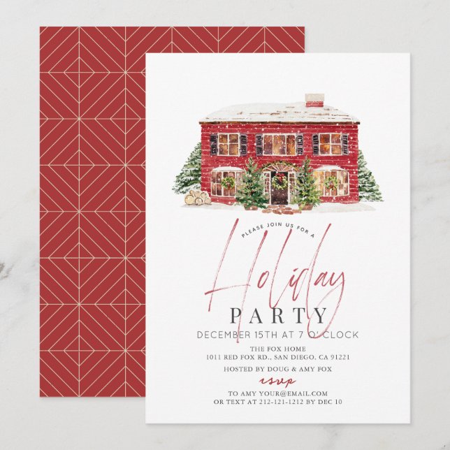 Winter Red House Christmas Holiday Party Invitation (Front/Back)