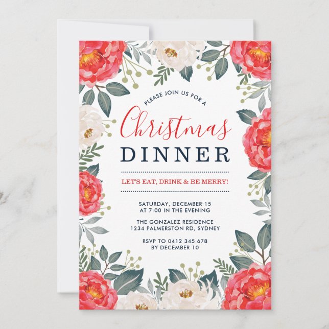 Winter Red Ivory Floral | Festive Christmas Dinner Invitation (Front)