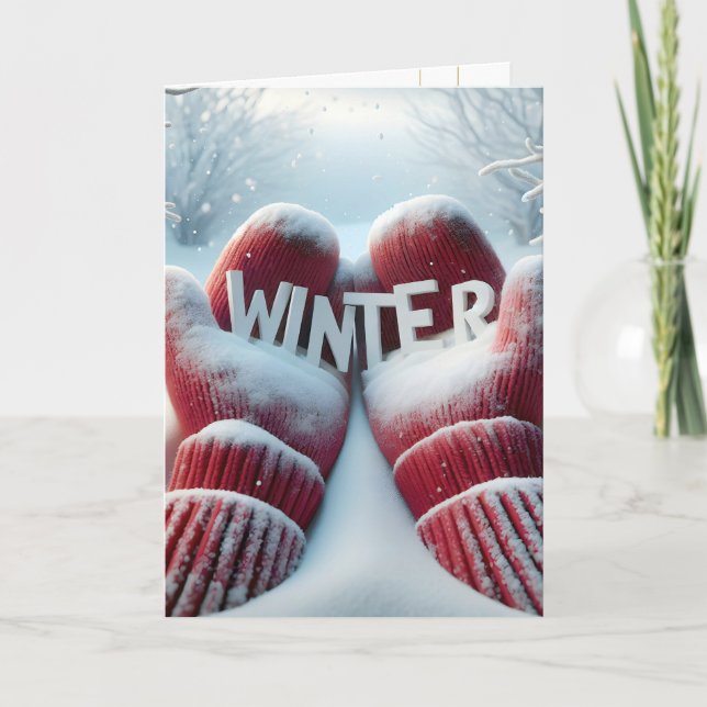 Winter Red Mittens With Snowflakes Card (Front)