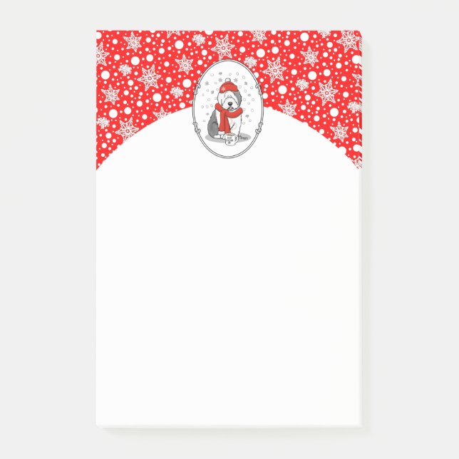 Winter (Red) Old English Sheepdog  Gray 1 Holiday Post-it Notes (Front)