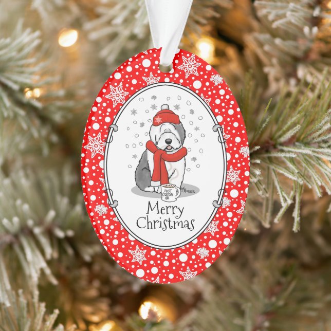 Winter (Red) Old English Sheepdog (Grey 1) Cute Ornament (Tree)
