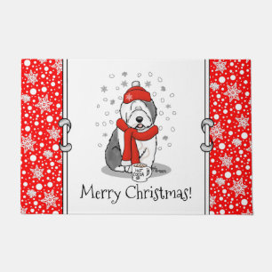 Winter (Red) Old English Sheepdog Grey 1 Holiday Doormat