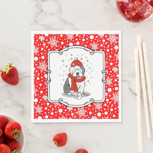 Winter (Red) Old English Sheepdog  Grey 1 Holiday Napkin (Insitu)
