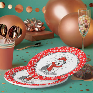 Winter (Red) Old English Sheepdog Grey 1 Holiday Paper Plate