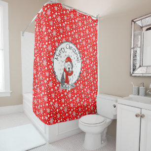 Winter (Red) Old English Sheepdog Grey 1 Holiday Shower Curtain