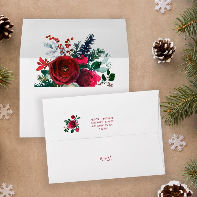 Winter red peonies elegant wedding monogram envelope (Creator Uploaded)