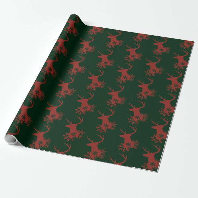 Winter Red Plaid Snowflakes Christmas Deer Wrapping Paper (Unrolled)