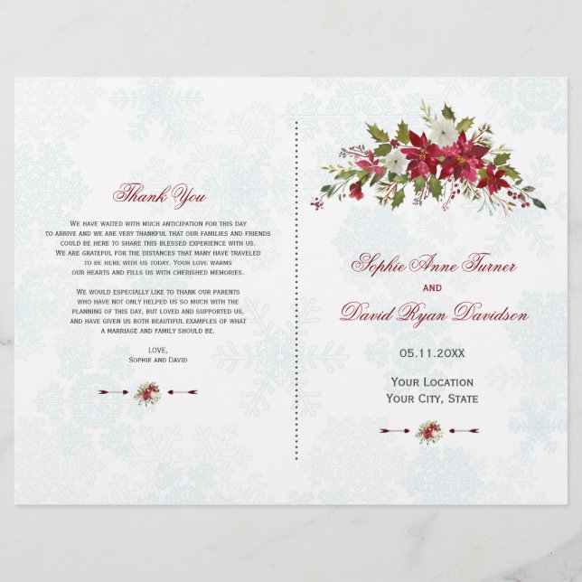 Winter Red Poinsettia Snowflakes Wedding Program (Front)