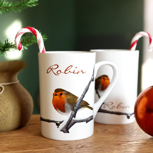 Winter Red Robin Birds Custom Name Bone China Mug