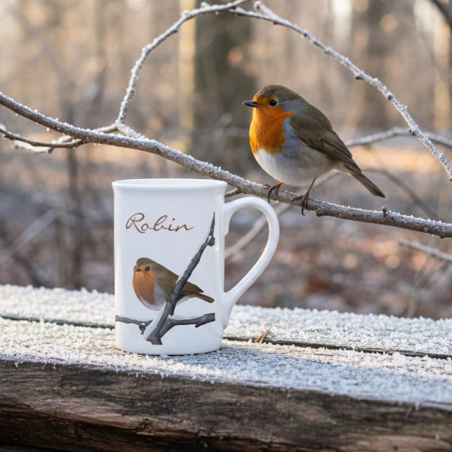 Winter Red Robin Birds Custom Name Bone China Mug (The red robins have bobbed on this bone china mug & would like to come home with you. Add your name!)