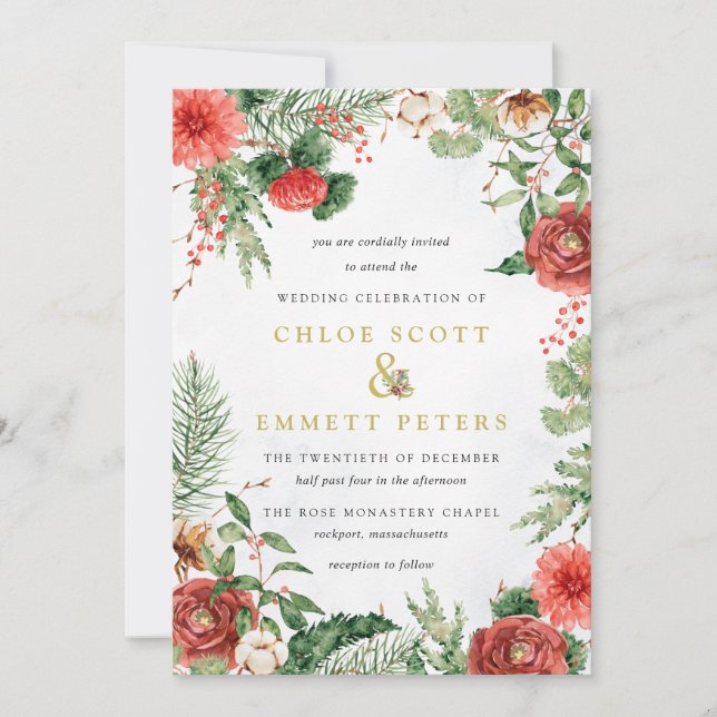 Winter Red Rose Berry Wedding Invitation (Front)