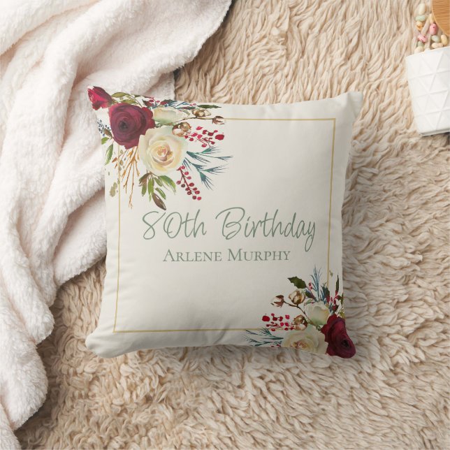 Winter Red Roses 80th Birthday Cushion (Blanket)