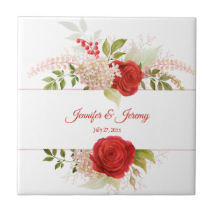 Winter Red Roses & Greenery Wedding Keepsake   Tile