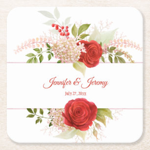 Winter Red Roses & Greenery Wedding Square Paper Coaster