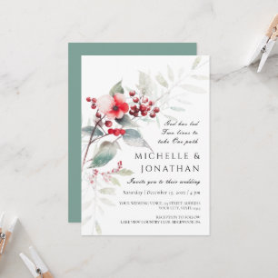Winter Red Sage Green Floral Christian Wedding Invitation