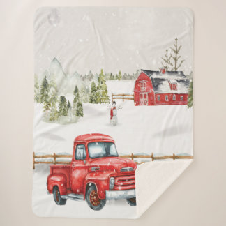 Winter Red Truck & Barn Sherpa Blanket
