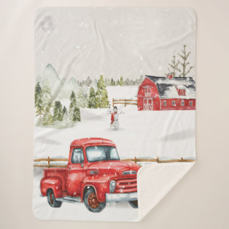 Winter Red Truck & Barn Sherpa Blanket