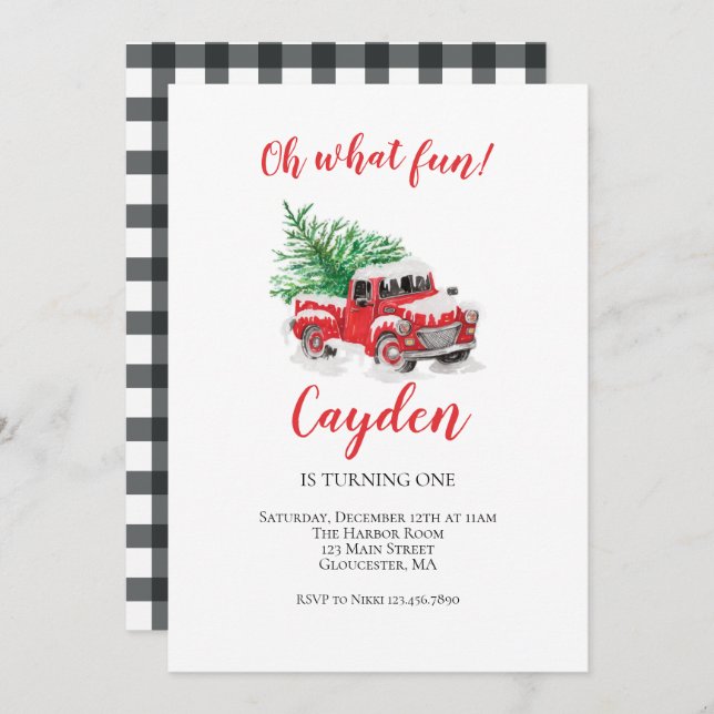 Winter Red Truck First Birthday Invitation (Front/Back)