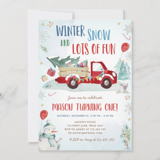 Winter Red Truck Snow Fun Boy First Birthday Invitation (Front)