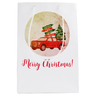 Winter Red Truck Tree Family Merry Christmas Medium Gift Bag
