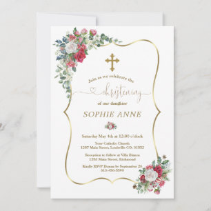 Winter Red White Flowers Gold Girl Christening Invitation