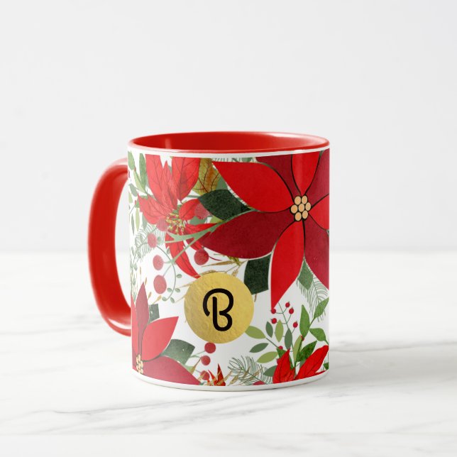Winter Red White Gold Poinsettia Holiday Custom Mug (Front Left)