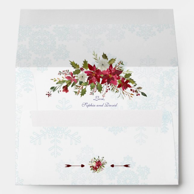 Winter Red White Poinsettia Snowflakes Wedding Envelope (Back (Bottom))