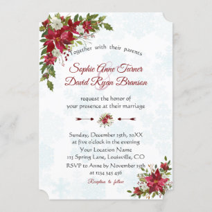 Winter Red White Poinsettia Snowflakes Wedding Invitation