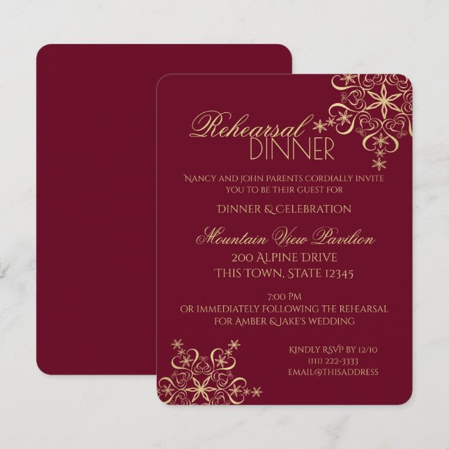 Winter Rehearsal Dinner Gold Snowflake Invitation (Front/Back)