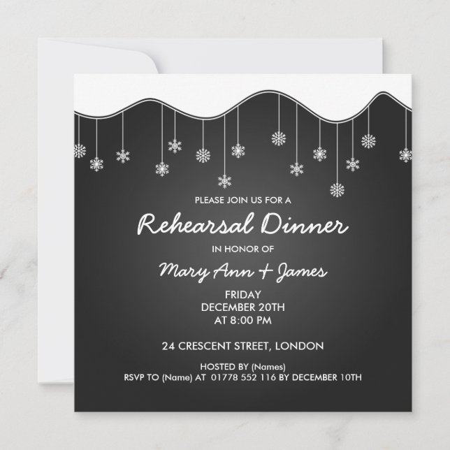 Winter Rehearsal Dinner Snowflake Decoration Black Invitation (Front)