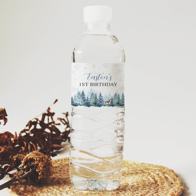 Winter Reindeer Birthday Party Water Bottle Label (Creator Uploaded)