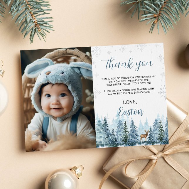 Winter Reindeer Birthday Photo Thank You Card (Creator Uploaded)