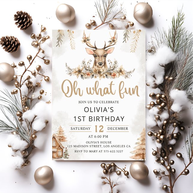 Winter Reindeer Christmas Birthday Party Floral Invitation (Creator Uploaded)