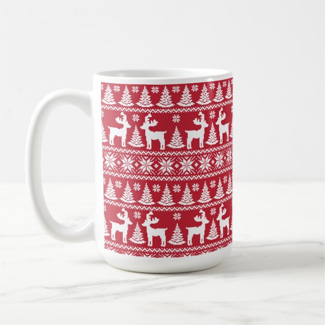 Winter Reindeer, Christmas Pattern red & white  Coffee Mug (Left)