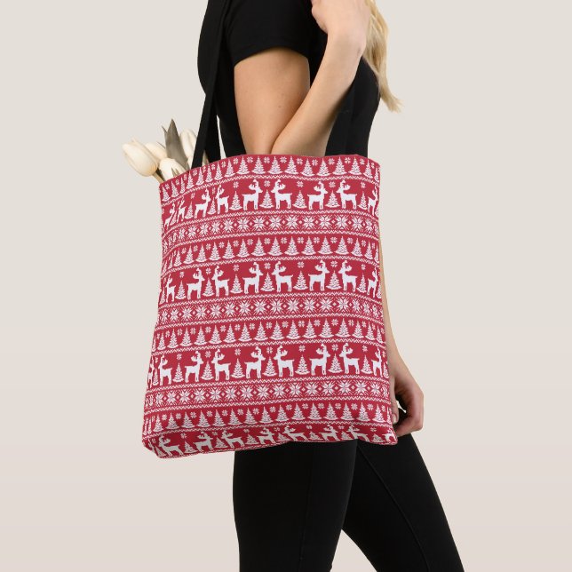 Winter Reindeer, Christmas Pattern red & white  Tote Bag (Close Up)