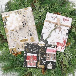 Winter Reindeer Houses Traditional Christmas Wrapping Paper Sheet