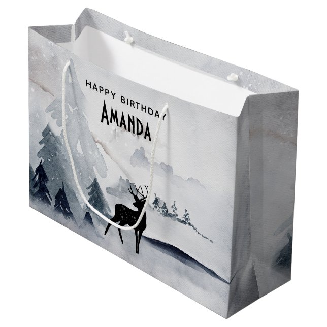 Winter Reindeer Rustic Grey Watercolor Birthday Large Gift Bag (Front Angled)